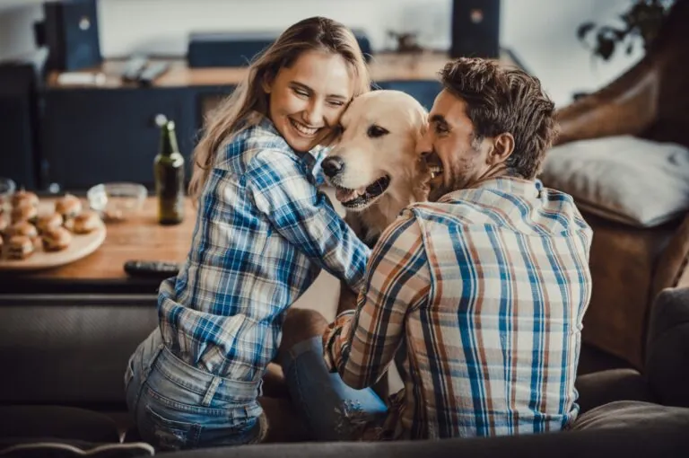 Family spending time together with their dog